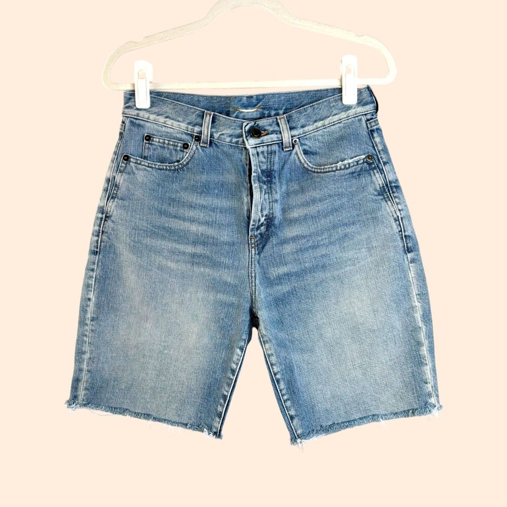 Saint Laurent Denim Long Cut Off Shorts